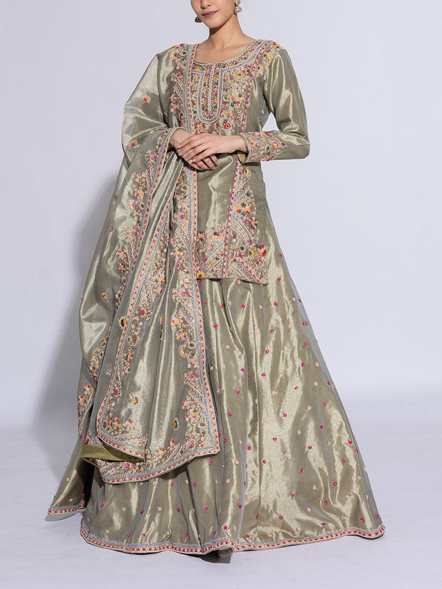 Green Tissue Embroidered Lehenga Set