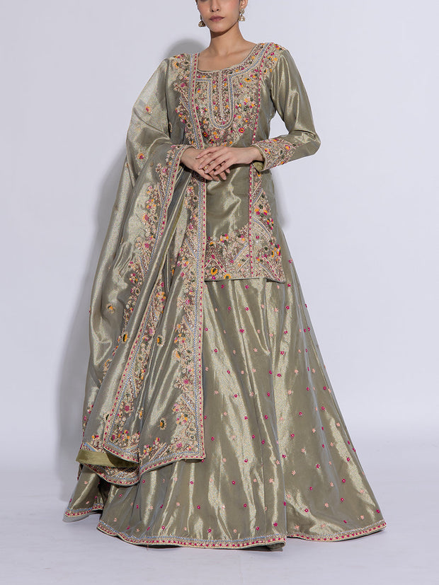 Green Tissue Embroidered Lehenga Set