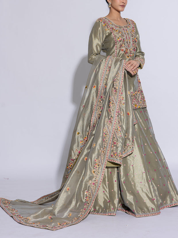 Green Tissue Embroidered Lehenga Set