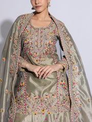 Green Tissue Embroidered Lehenga Set