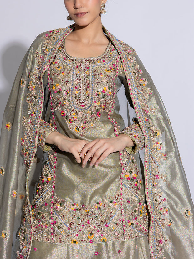 Green Tissue Embroidered Lehenga Set