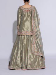 Green Tissue Embroidered Lehenga Set