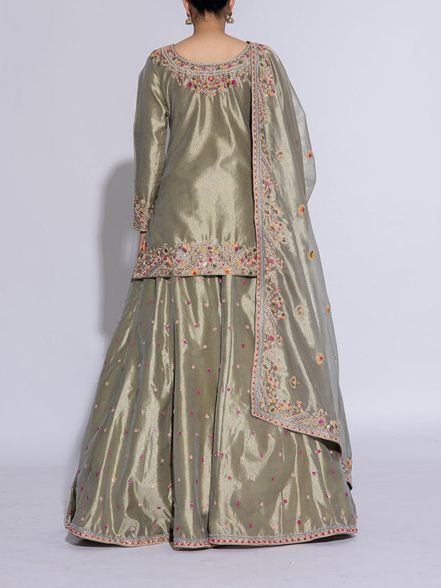 Green Tissue Embroidered Lehenga Set