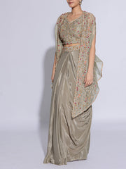 Green Embroidered Organza Cape and Drape Skirt Set