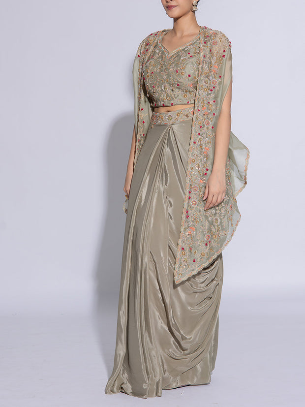 Green Embroidered Organza Cape and Drape Skirt Set