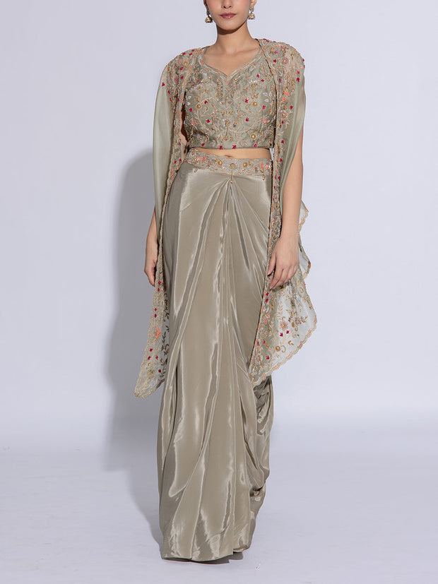 Green Embroidered Organza Cape and Drape Skirt Set