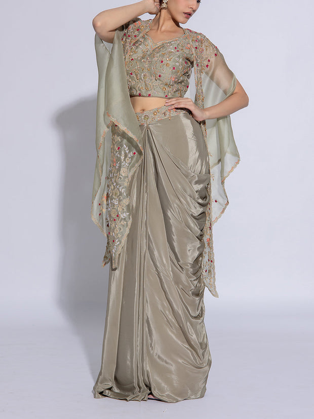 Green Embroidered Organza Cape and Drape Skirt Set