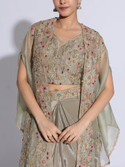 Green Embroidered Organza Cape and Drape Skirt Set