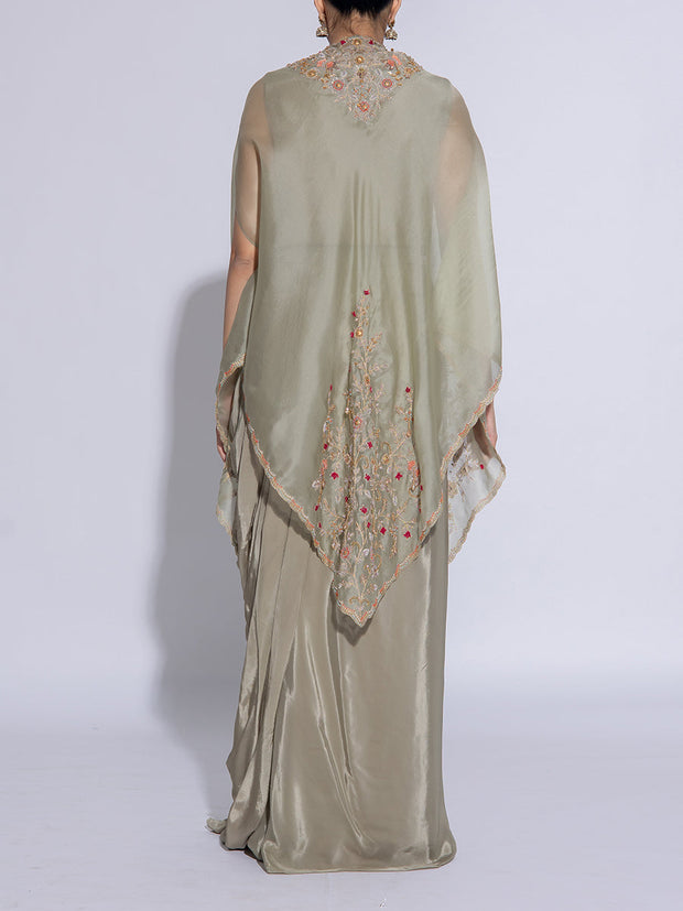 Green Embroidered Organza Cape and Drape Skirt Set