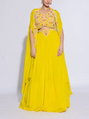 Yellow Chiffon Embroidered Cape and Lehenga Set