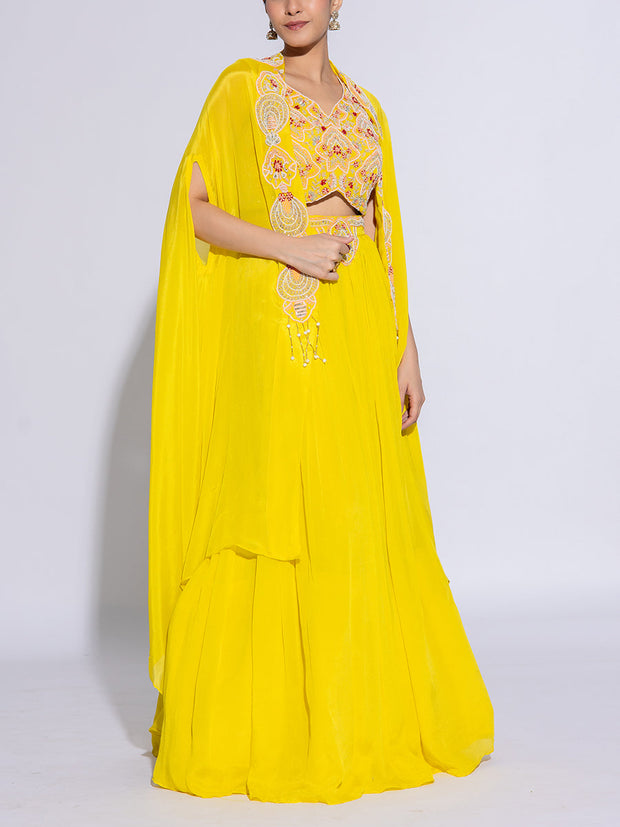 Yellow Chiffon Embroidered Cape and Lehenga Set