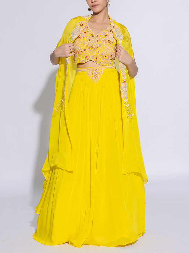 Yellow Chiffon Embroidered Cape and Lehenga Set