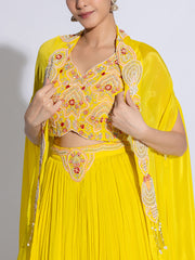 Yellow Chiffon Embroidered Cape and Lehenga Set