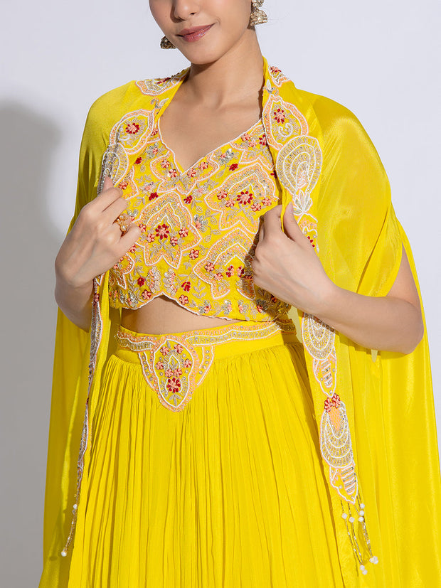 Yellow Chiffon Embroidered Cape and Lehenga Set