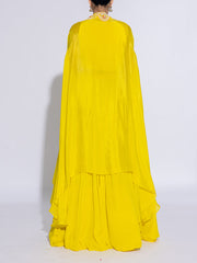 Yellow Chiffon Embroidered Cape and Lehenga Set