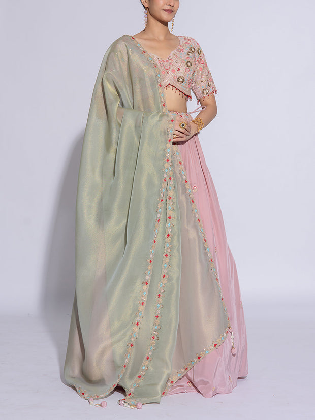 Baby Pink Satin Silk Embroidered Lehenga Set