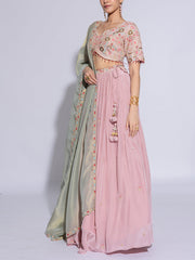 Baby Pink Satin Silk Embroidered Lehenga Set
