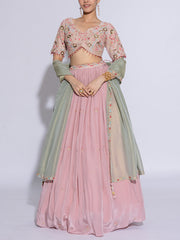 Baby Pink Satin Silk Embroidered Lehenga Set