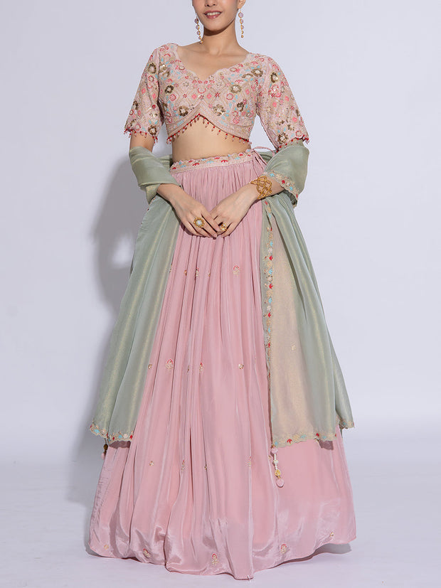 Baby Pink Satin Silk Embroidered Lehenga Set