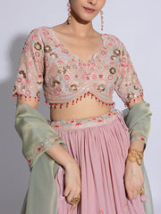 Baby Pink Satin Silk Embroidered Lehenga Set