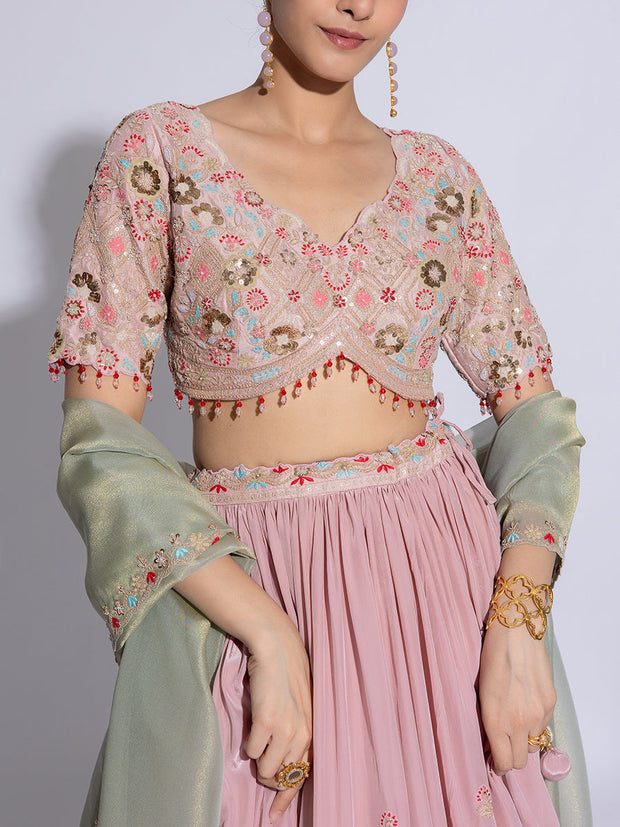 Baby Pink Satin Silk Embroidered Lehenga Set