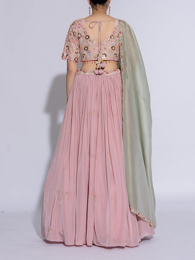 Baby Pink Satin Silk Embroidered Lehenga Set