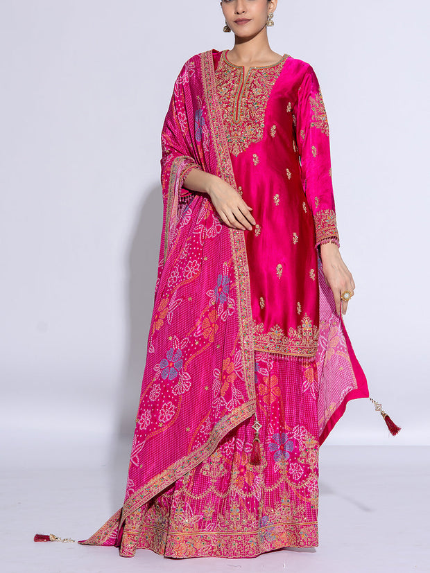 Magenta Satin Silk Embroidered Garara Suit Set