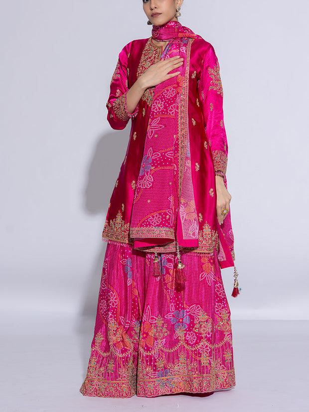 Magenta Satin Silk Embroidered Garara Suit Set