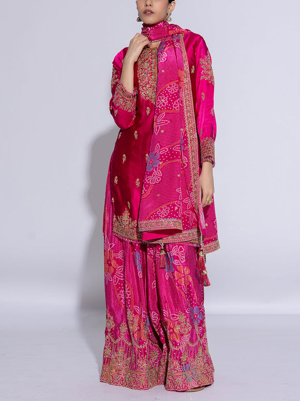 Magenta Satin Silk Embroidered Garara Suit Set