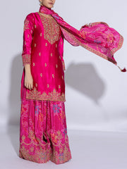 Magenta Satin Silk Embroidered Garara Suit Set
