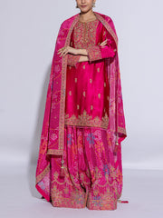 Magenta Satin Silk Embroidered Garara Suit Set