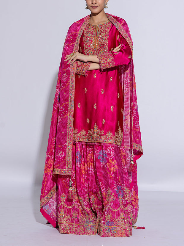 Magenta Satin Silk Embroidered Garara Suit Set