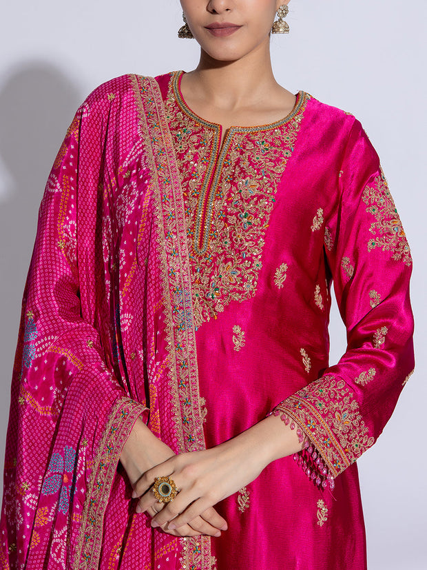 Magenta Satin Silk Embroidered Garara Suit Set