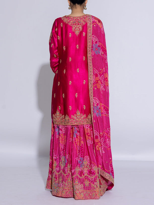 Magenta Satin Silk Embroidered Garara Suit Set