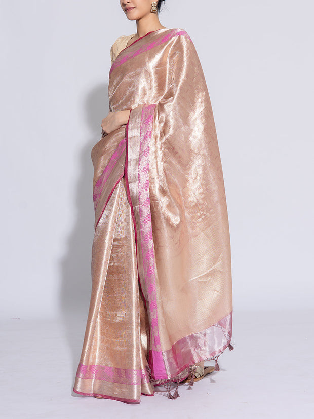 Pink And Golden Banarasi Tissue Saree