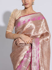 Pink And Golden Banarasi Tissue Saree