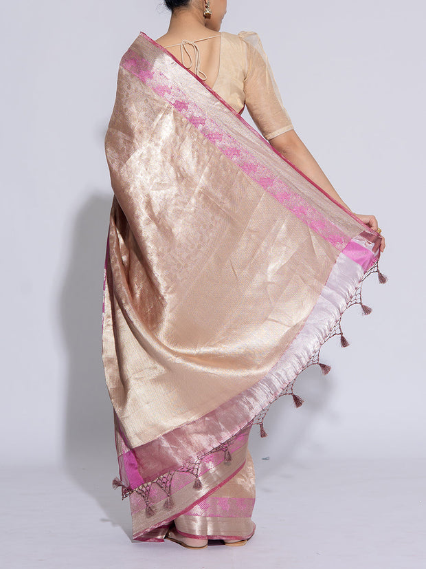 Pink And Golden Banarasi Tissue Saree