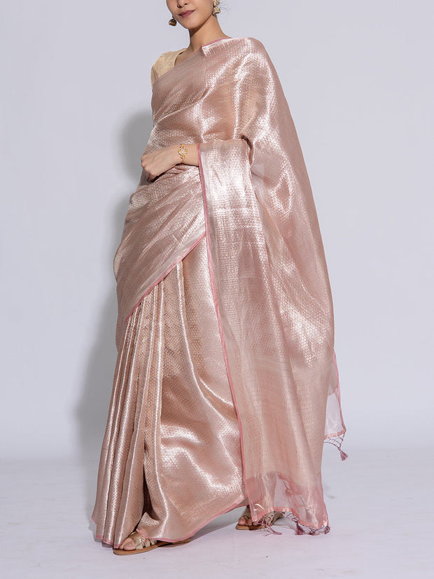 Golden and Baby Pink Banarasi Tissue Saree