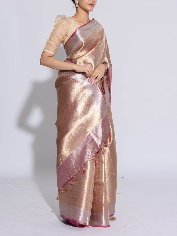 Golden Pink Banarasi Tissue Saree