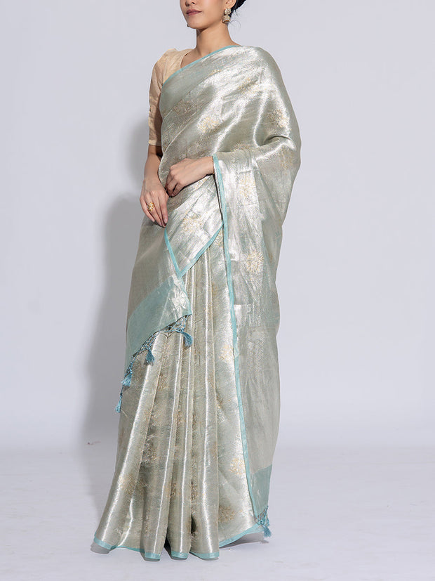 Golden and Turquoise Blue Banarasi Tissue Saree