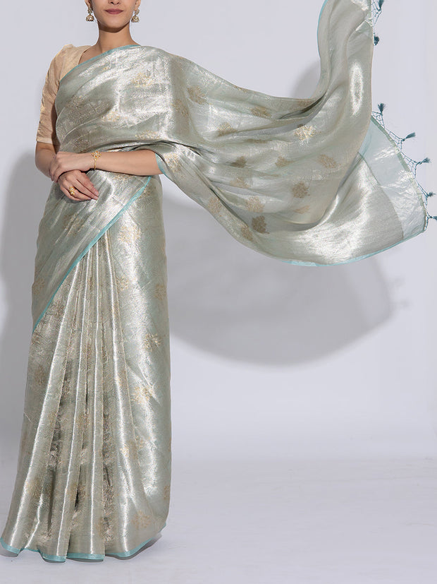 Golden and Turquoise Blue Banarasi Tissue Saree