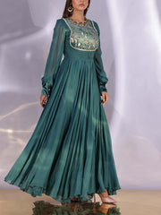 Green Georgette Embroidered Gown