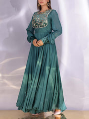 Green Georgette Embroidered Gown