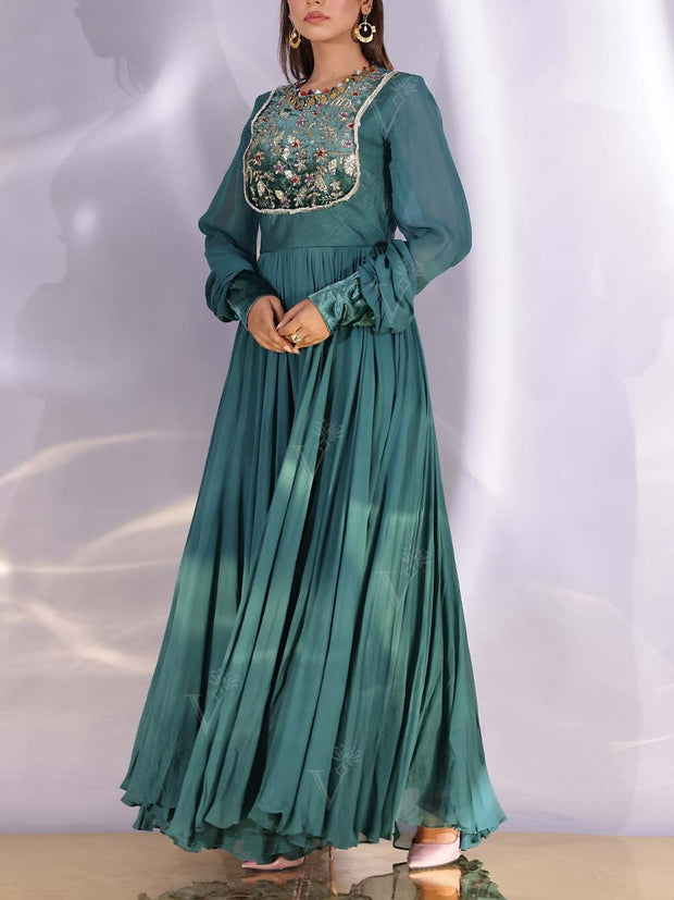 Green Georgette Embroidered Gown