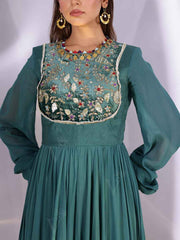 Green Georgette Embroidered Gown