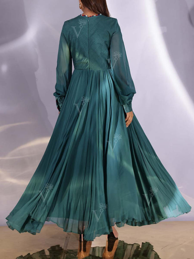 Green Georgette Embroidered Gown