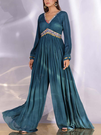 Teal Wrinkle Crepe Jumpsuit