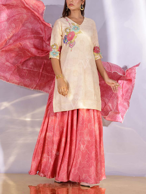 Cream and Red Vasansi Silk Sharara Set
