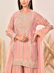 Pink Embroidered Shimmer Tissue Kurta and Palazzo set