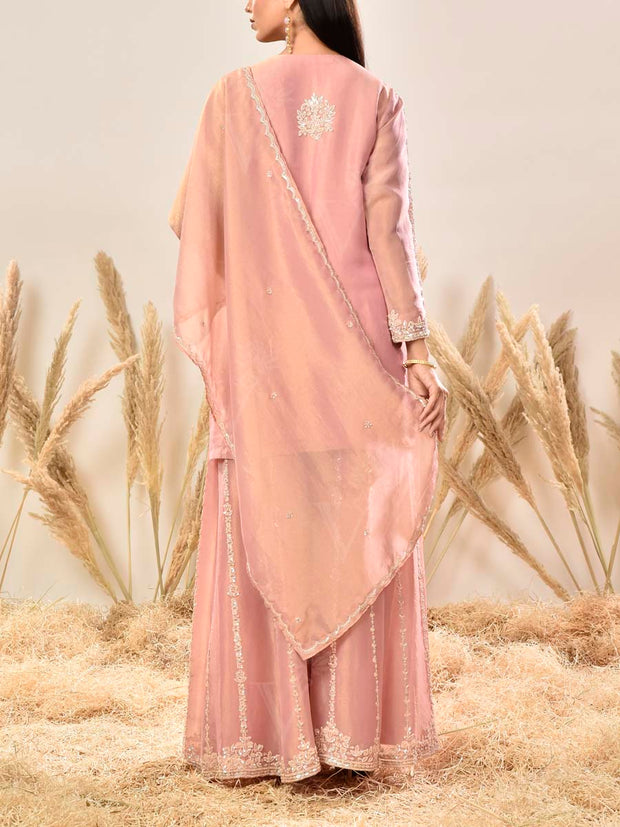 Pink Embroidered Shimmer Tissue Kurta and Palazzo set